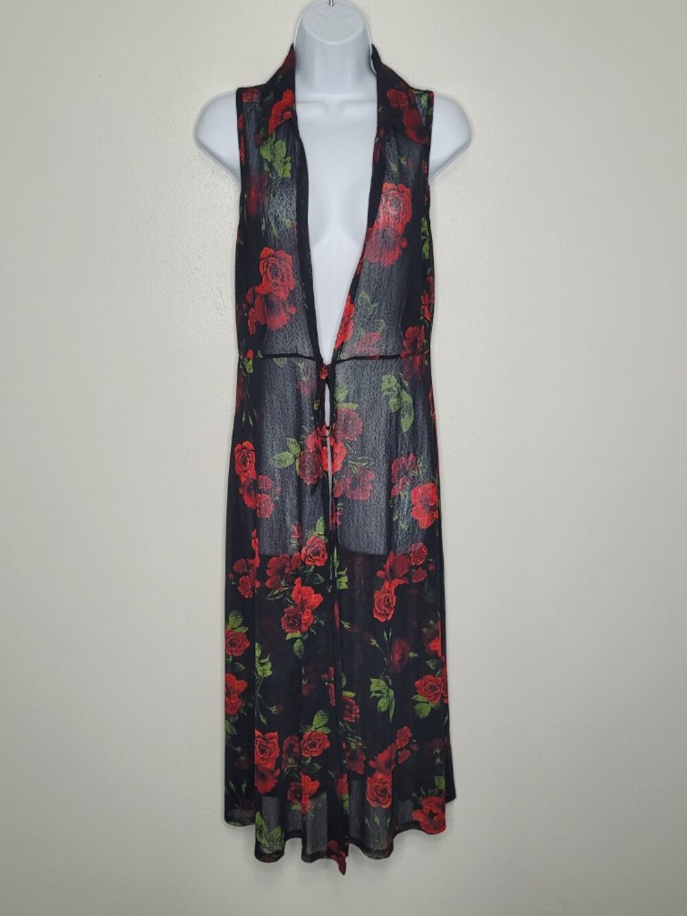 Ember red black romantic moody floral tie front long cardigan size medium